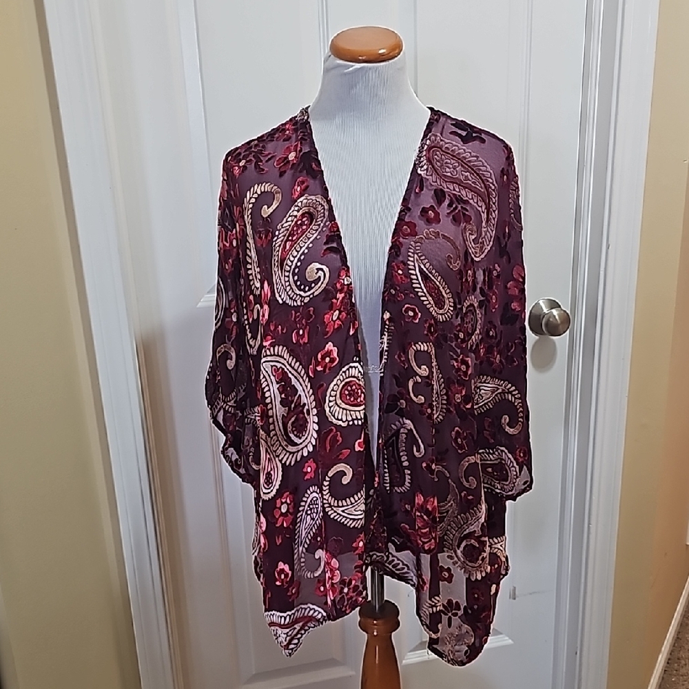 Umgee Vintage Velvet Paisley Sheer Burnout Open-Front Kimono Cardigan - Burgundy